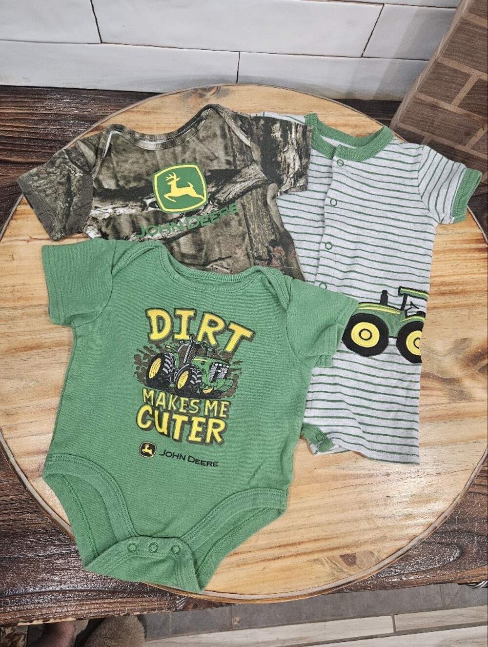 John Deere Green Tractor Baby Bodysuit 9-12 Mo Dirt Makes Me Cuter Camo Bundle